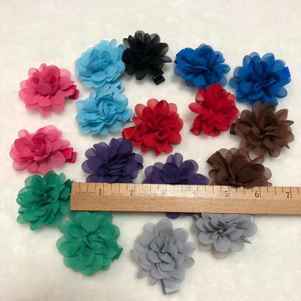 Lot Bundle Girls’ Primary Color Chiffon Flower Hair Clip Barrette - 17 Total